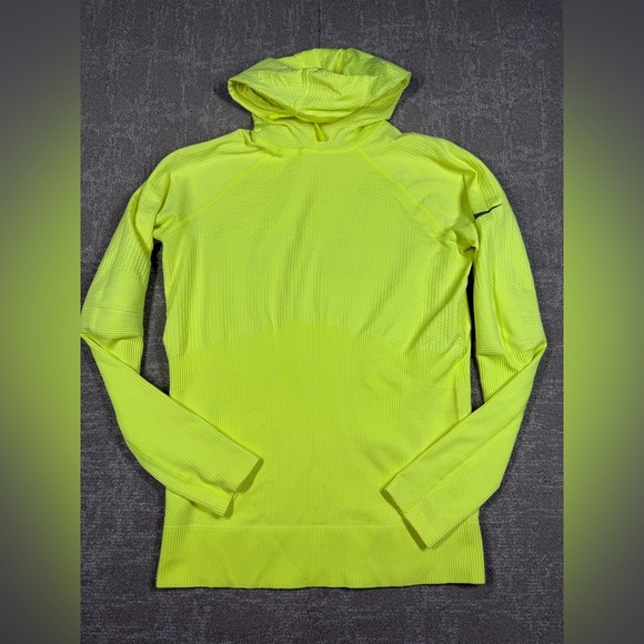 Nike Dri Fit Neon Lime Yellow Hooded Long Sleeve Light Weight Running Shirt L - Picture 1 of 5